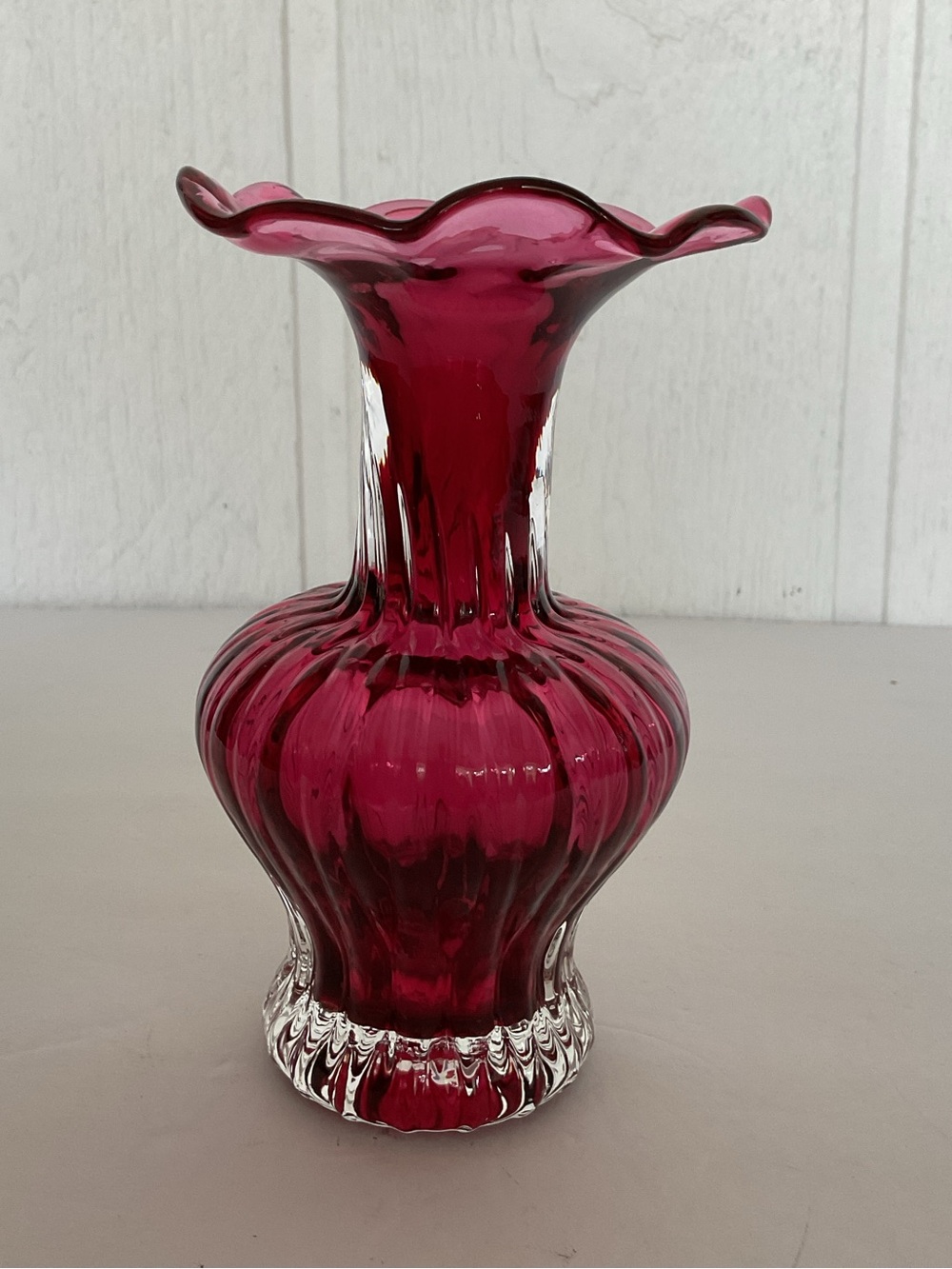 Raspberry Colored Fluted Glass Bud Vase